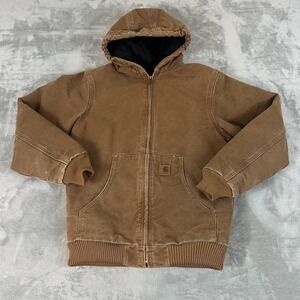 Carhartt Jacket Boys XL 14/16 Brown Hooded Quilt Lined Canvas Work YYJ130 BRN